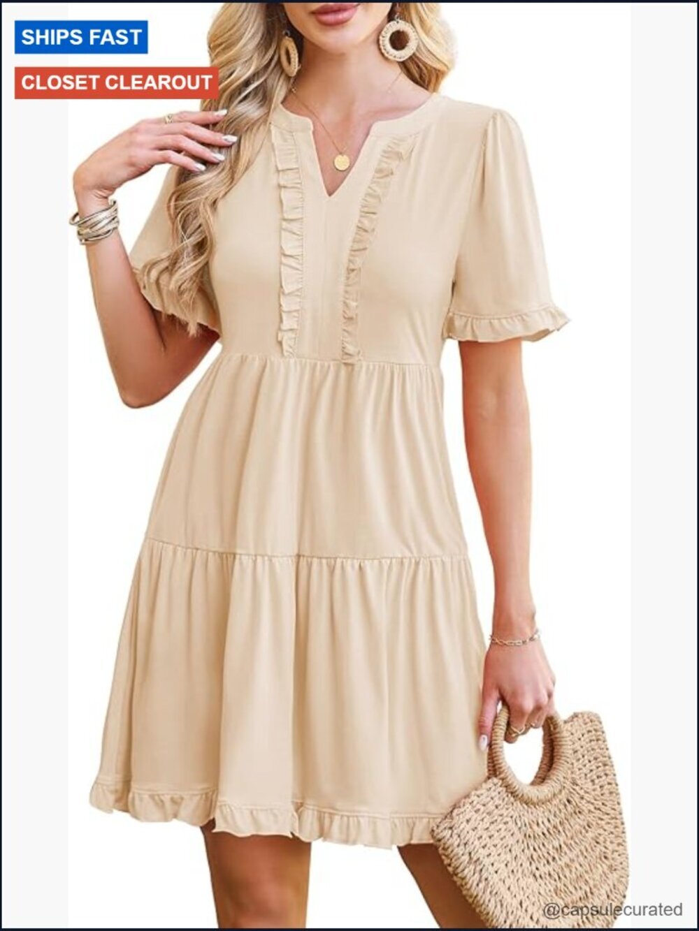 Women's V Neck Short Sleeve A Line Tiered Ruffle Swing Mini Beach Dress with